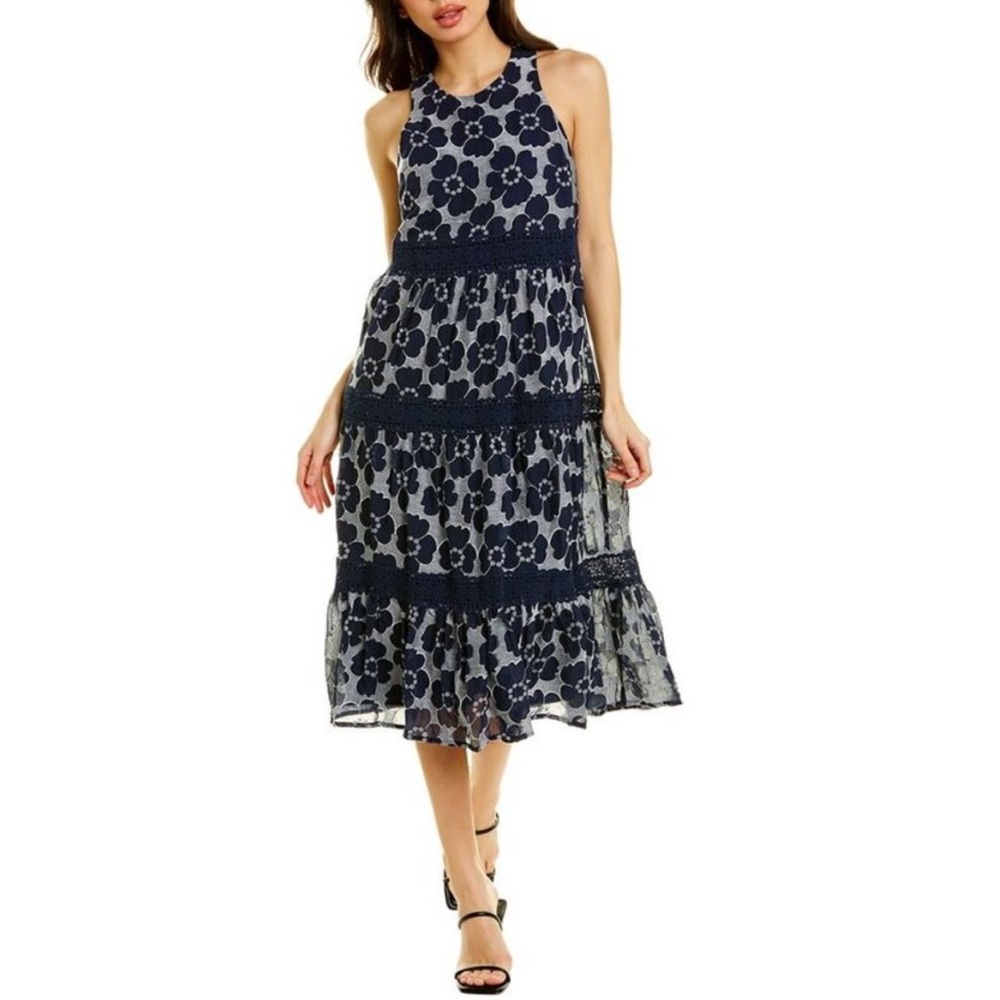 Trina Turk Alana Sleeveless Tiered‎ Midi Embroidered Floral Dress Navy Blue 12